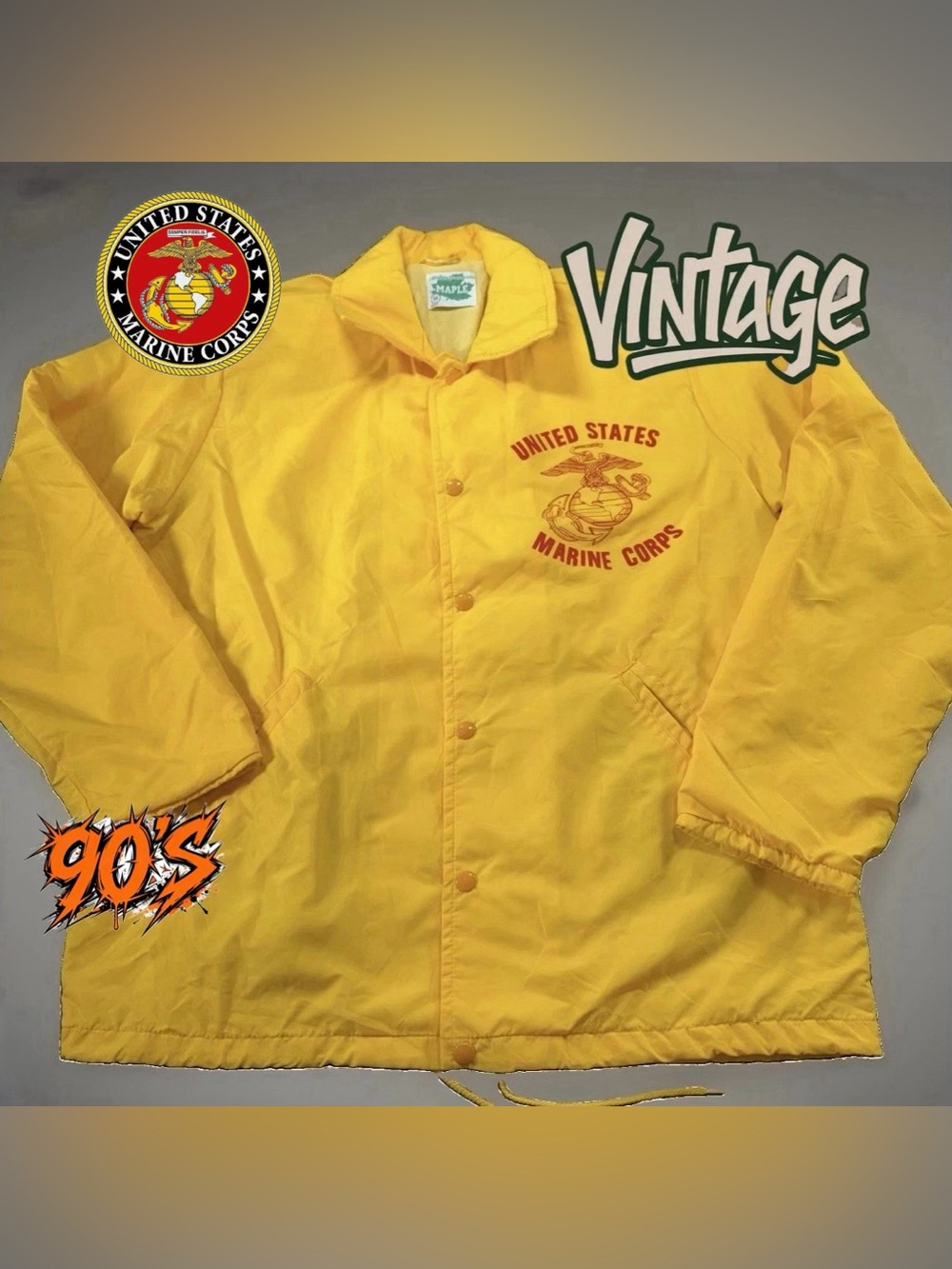 Vintage Maple Jacket Mens Medium Yellow Marine Corps Nylon Windbreaker USMC
